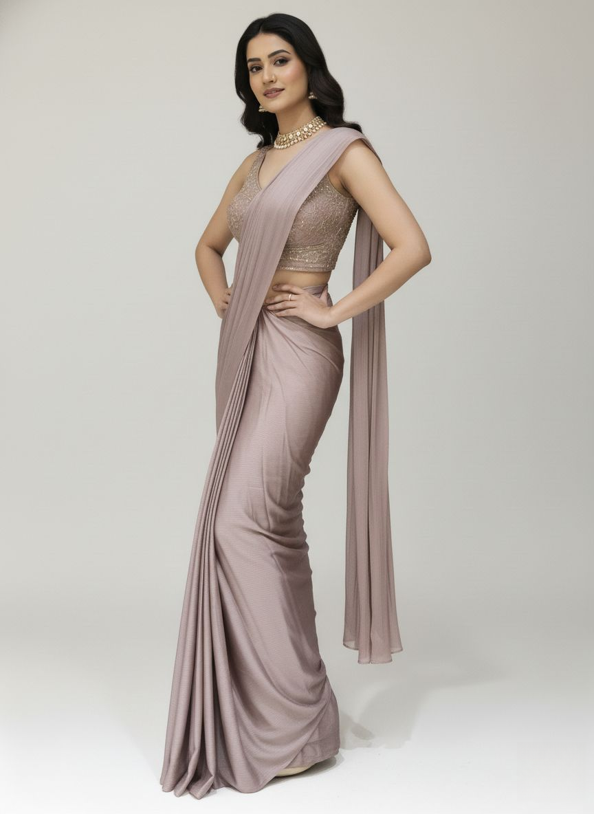 Ready to Wear Dusty Rose Pleated Saree with Embroidered Blouse