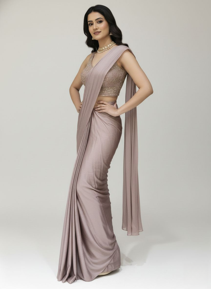 Ready to Wear Dusty Rose Pleated Saree with Embroidered Blouse