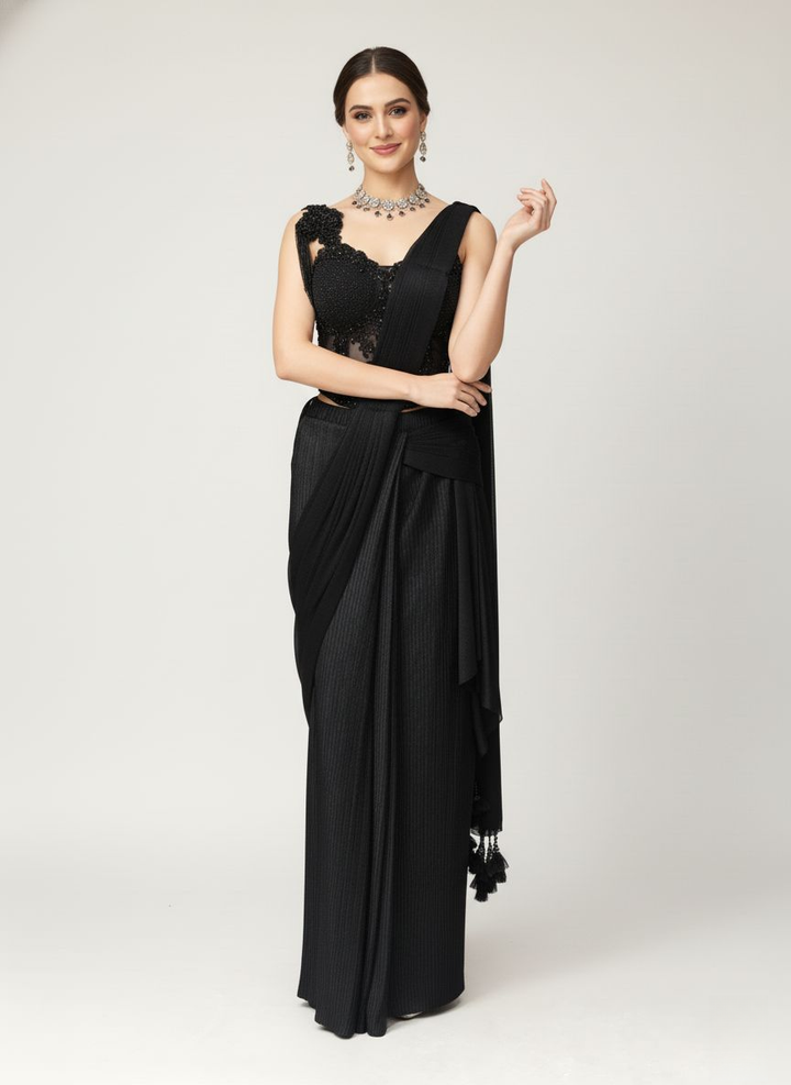 Luxury Black Ready-to-Wear Saree with 3D Floral Embroidered Blouse
