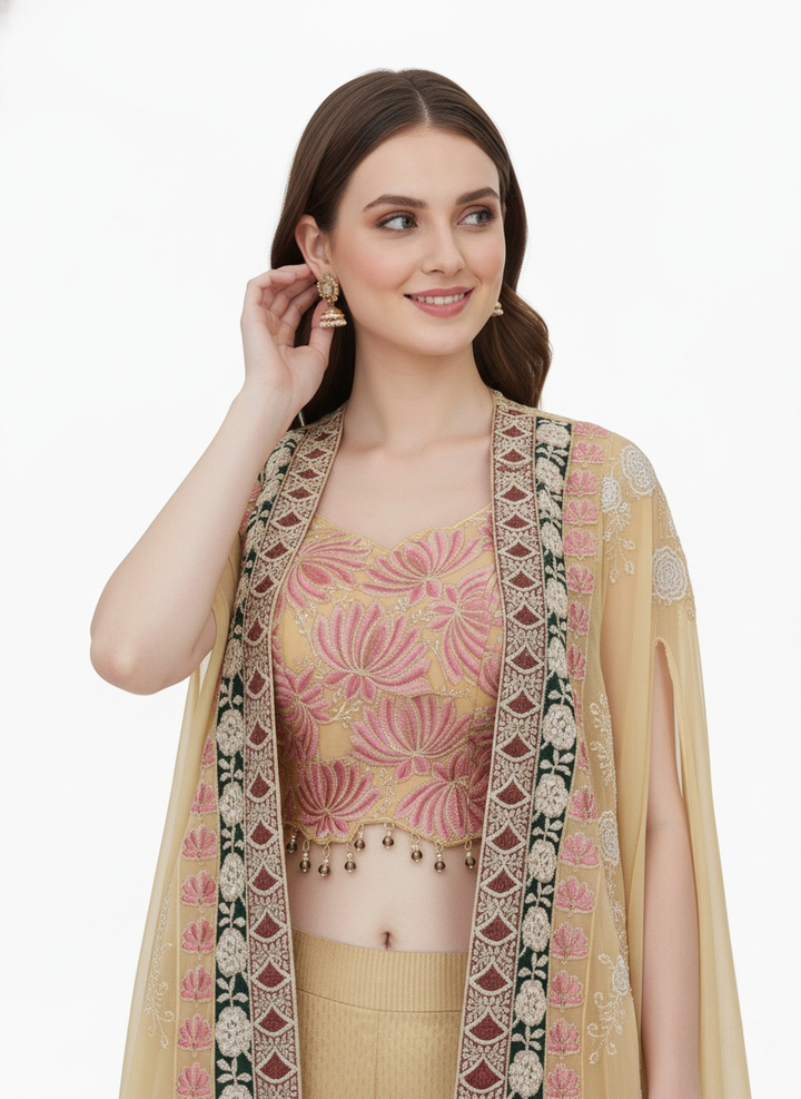 Champagne Gold Indo-Western Palazzo Set with Embroidered Cape & Crop Top