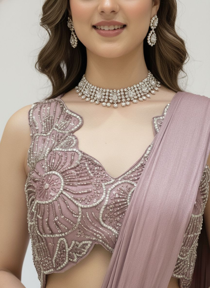 Ready to Wear Mauve Draped Saree with Hand-Embroidered Designer Blouse