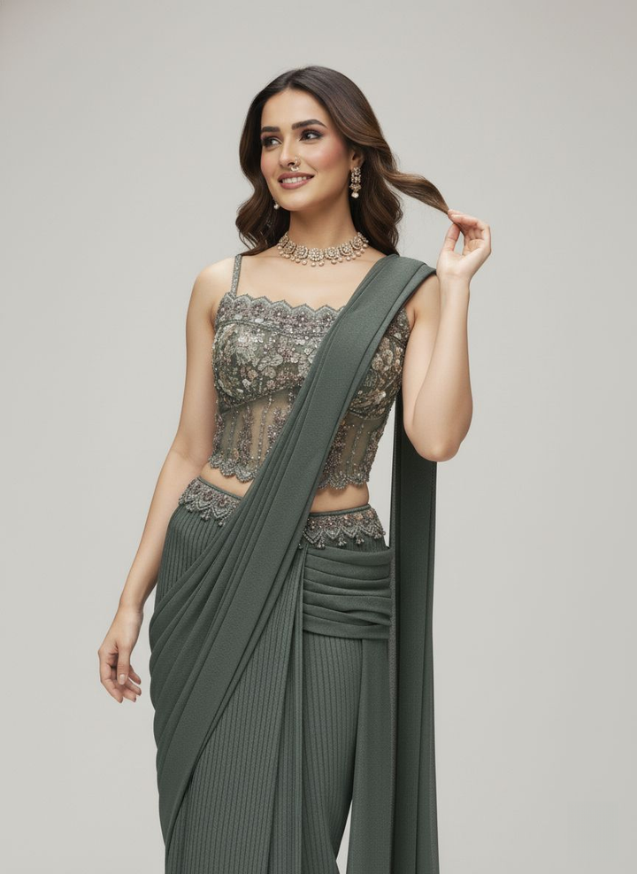Sage Green Ready-to-Wear Saree with Hand-Embroidered Bustier