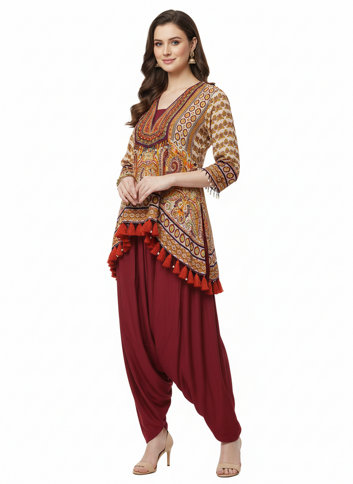 Mustard Printed Indo-Western Asymmetrical Kurta with Maroon Dhoti Pants & Tassel Detailing