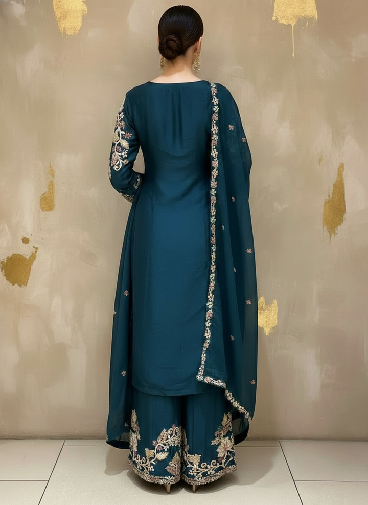 Deep Teal Embroidered Kurta Palazzo Set with Sheer Dupatta