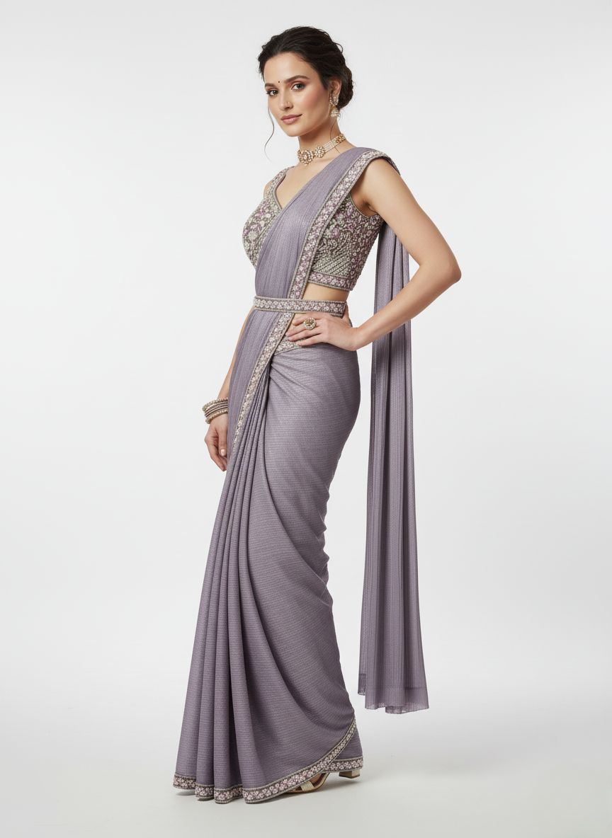Lavender Embroidered Ready-to-Wear Saree with Designer Sleeveless Blouse