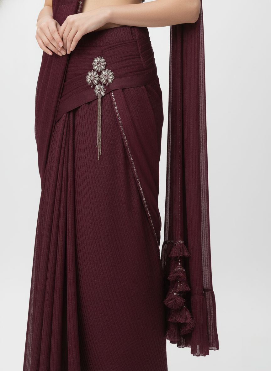 Wine Ready-to-Wear Pre-Draped Saree with Hand-Embroidered Blouse