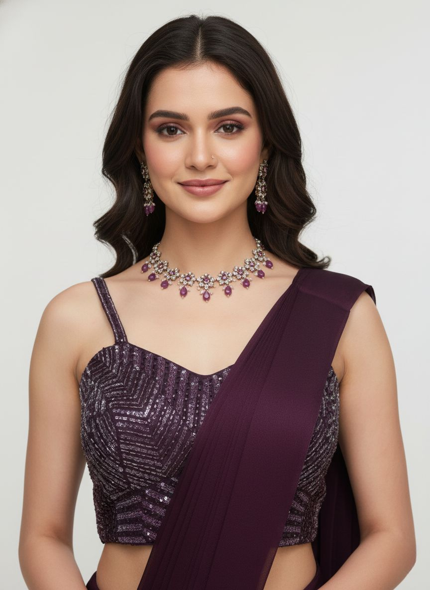 Plum Purple Pre-Draped Saree with Sequin Embroidered Blouse