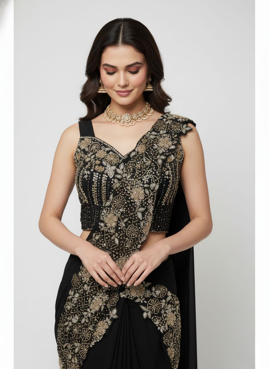 Black Designer Ready-to-Wear Saree with Heavy Gold Embellished Blouse & Drape Detailing