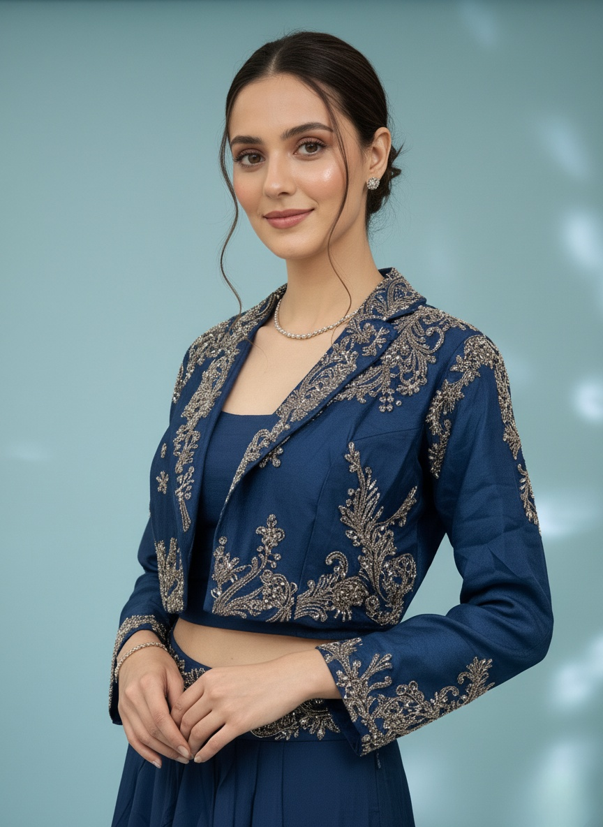 Midnight Blue Embroidered Crop Top with Jacket & Flared Skirt Set