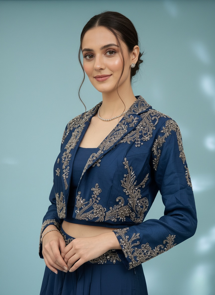 Midnight Blue Embroidered Crop Top with Jacket & Flared Skirt Set