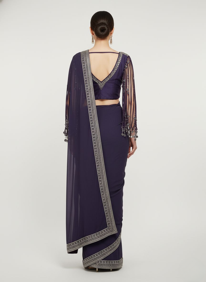 Navy Blue Ready-to-Wear Designer Embellished Saree with Fancy Blouse & Tassel Detailing