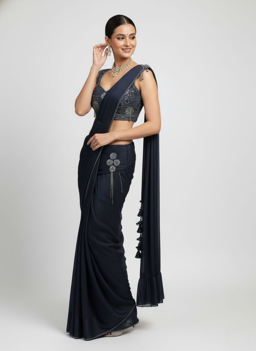 Navy Blue Ready-to-Wear Saree with Hand-Embroidered Blouse