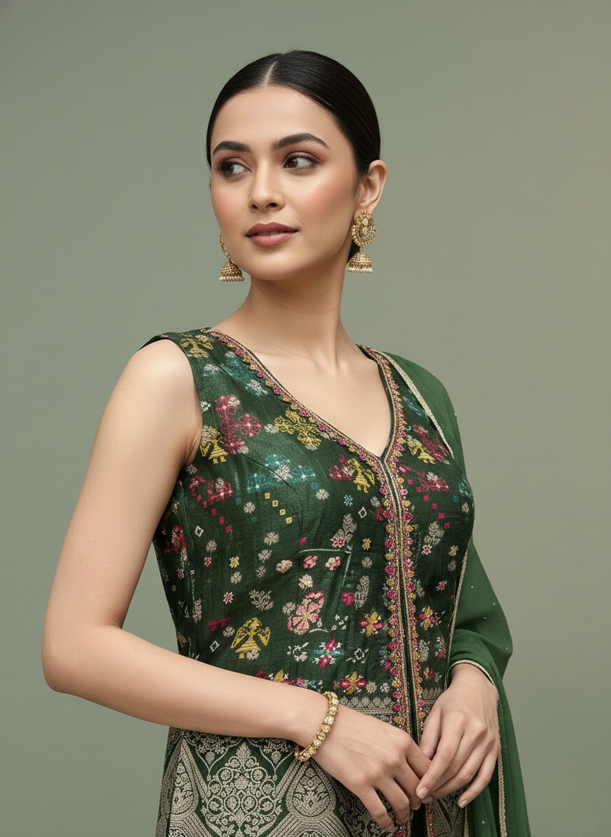 Emerald Green Embroidered Top with Flared Palazzo & Dupatta Set