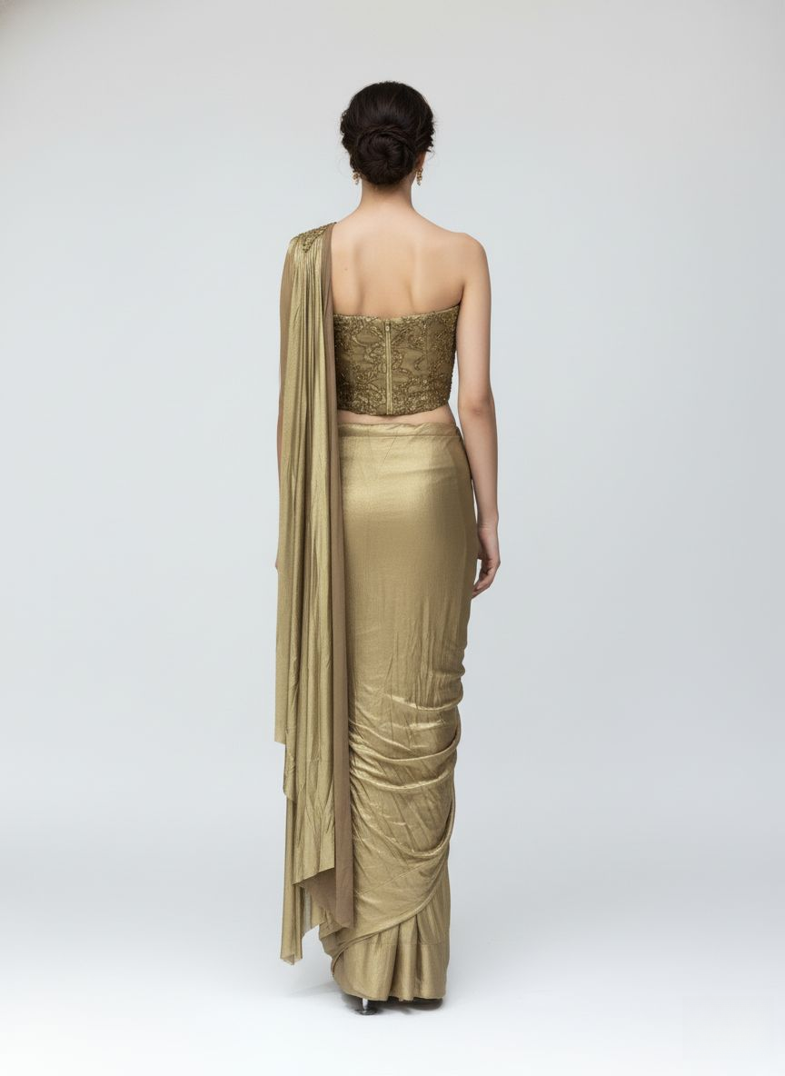 Ready to Wear Champagne Gold Drape Saree with Embroidered One-Shoulder Blouse