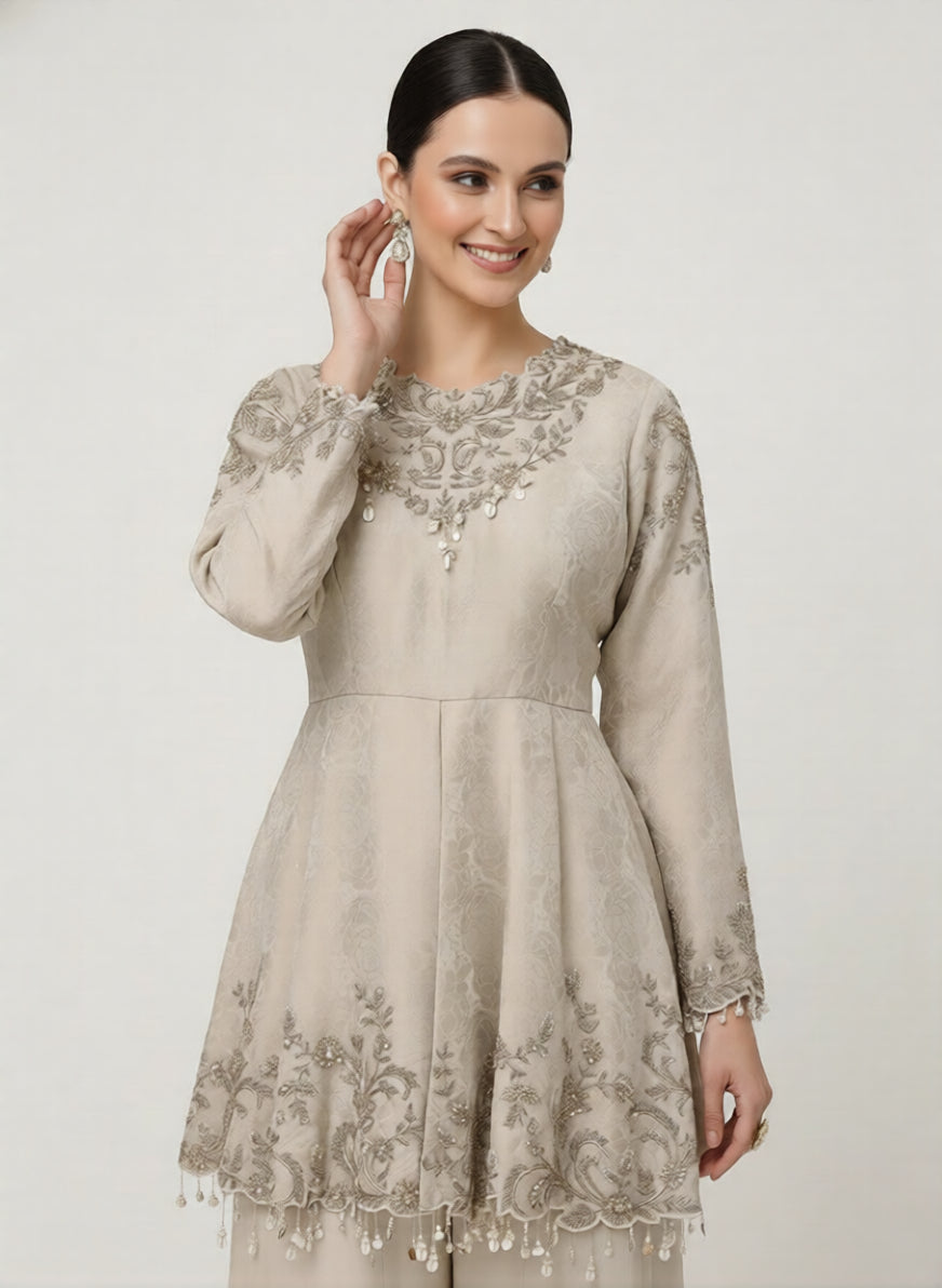 Elegant Beige Embroidered Peplum Kurti with Palazzo Set