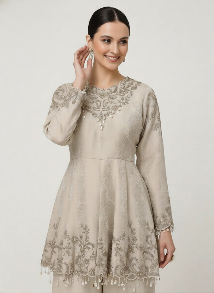 Elegant Beige Embroidered Peplum Kurti with Palazzo Set
