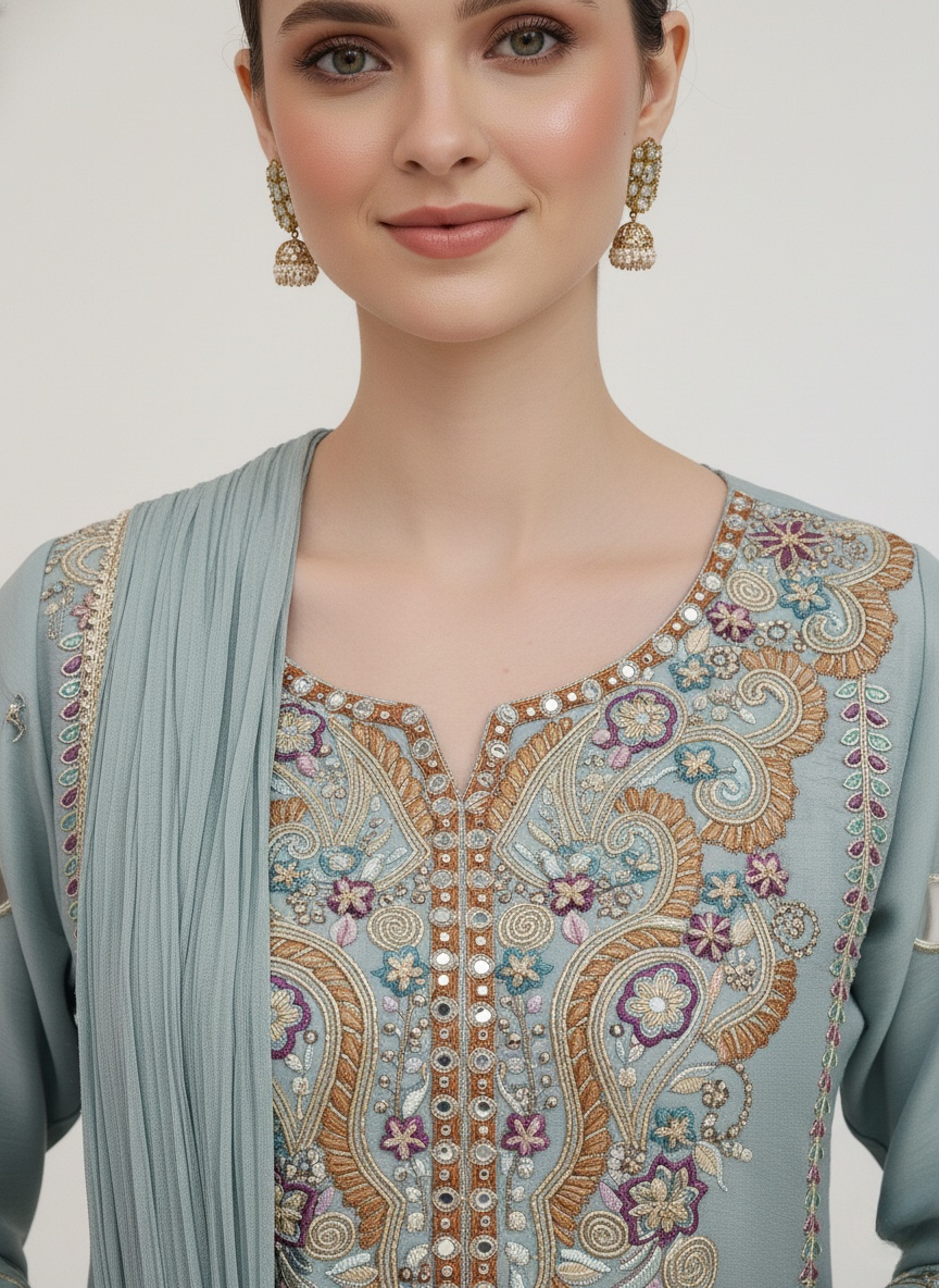 Powder Blue Embroidered Palazzo Suit with Dupatta