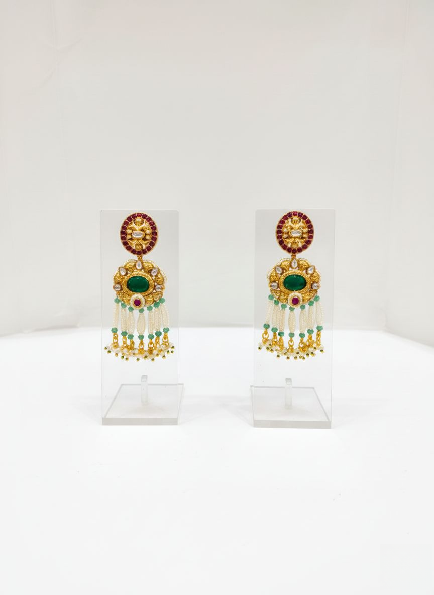 Grand Emerald Kundan Beaded Necklace Set with Temple Pendant