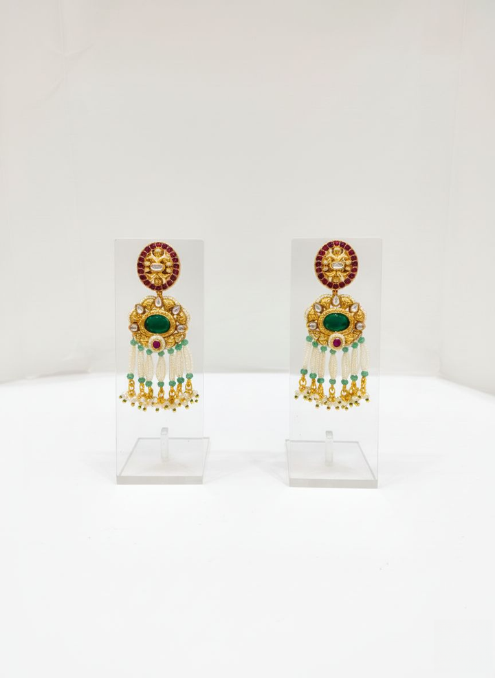 Grand Emerald Kundan Beaded Necklace Set with Temple Pendant