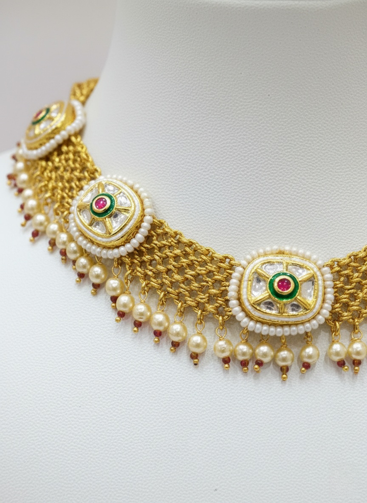 Antique Gold & Pearl Kundan Choker Set with Jhumka Earrings