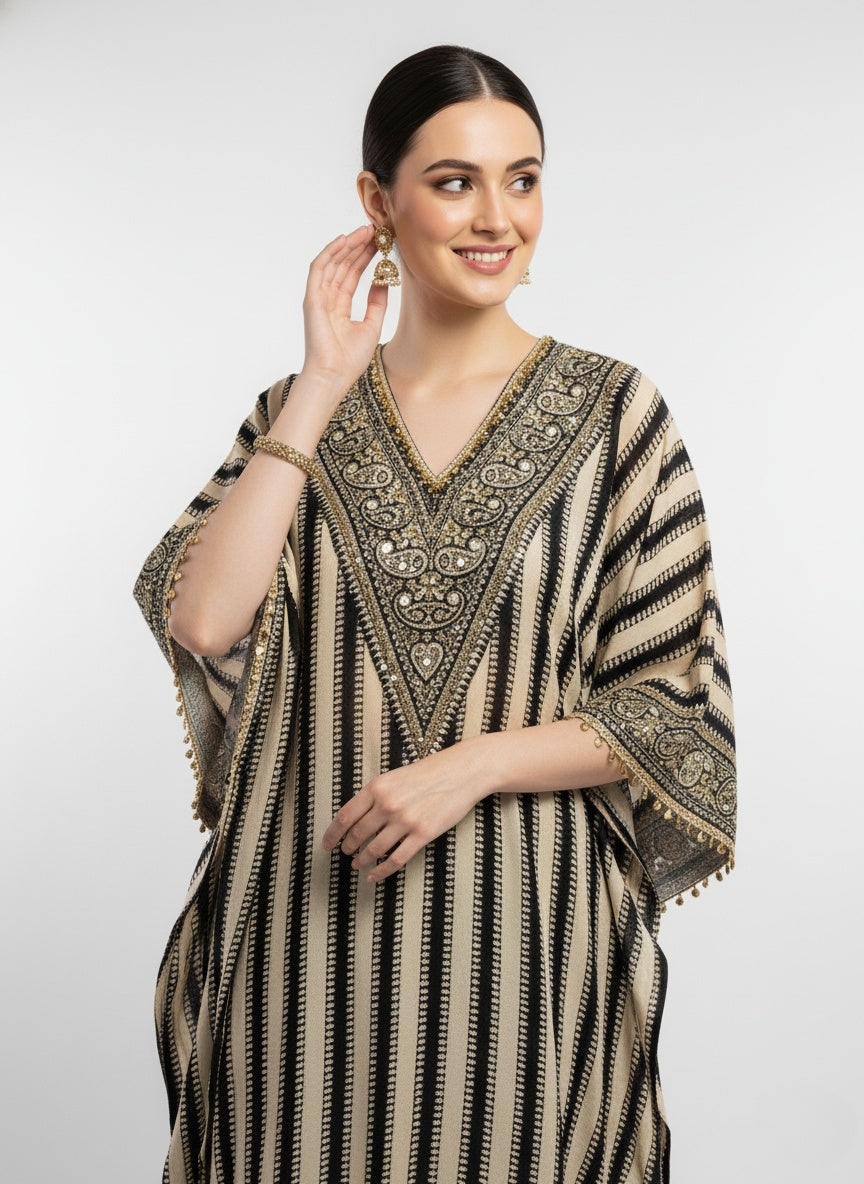 Black & Ivory Striped Embellished Kaftan Kurta with Dhoti Pants