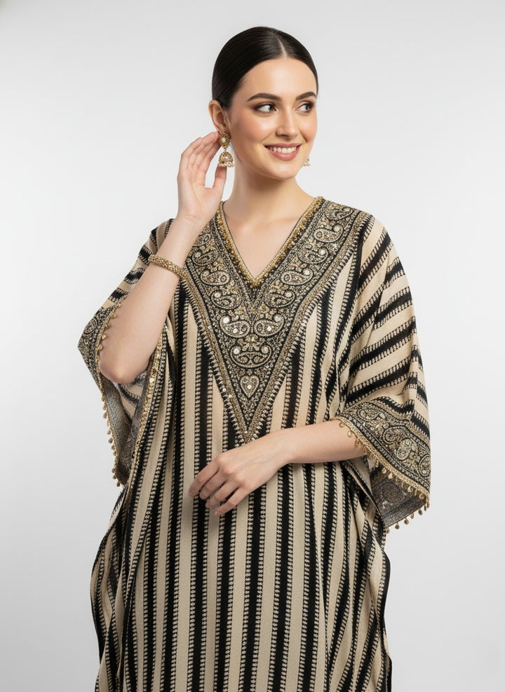 Black & Ivory Striped Embellished Kaftan Kurta with Dhoti Pants