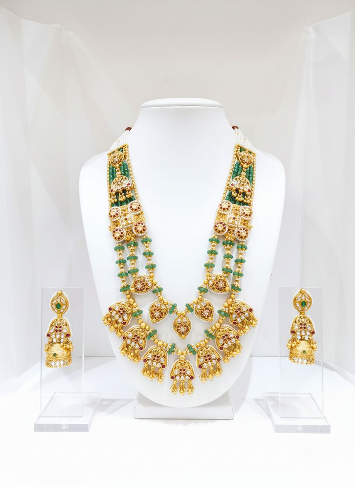 Majestic Heritage Temple Long Haram Set with Ruby & Emerald Beads