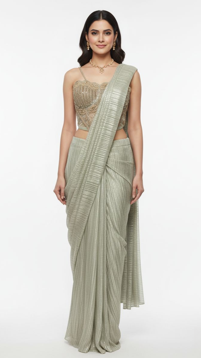 Platinum Metallic Pre-Draped Saree with Hand-Embroidered Bustier