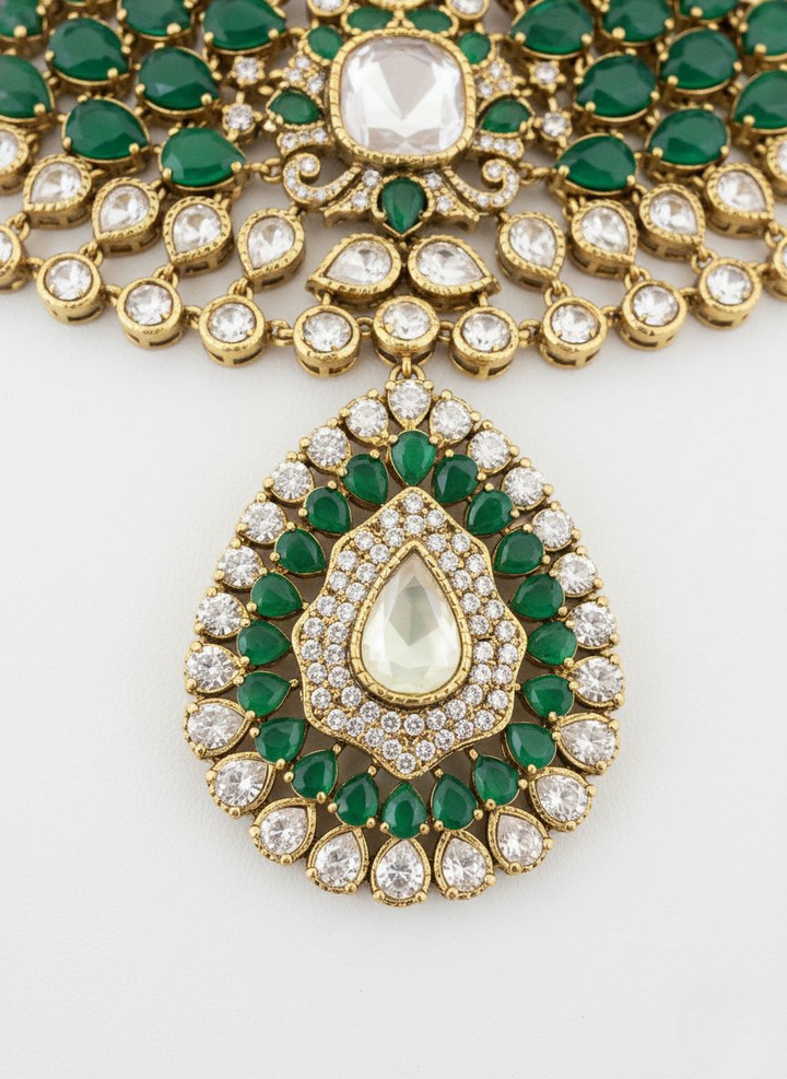 Royal Emerald Green & White Kundan Layered Bridal Necklace Set with Statement Earrings