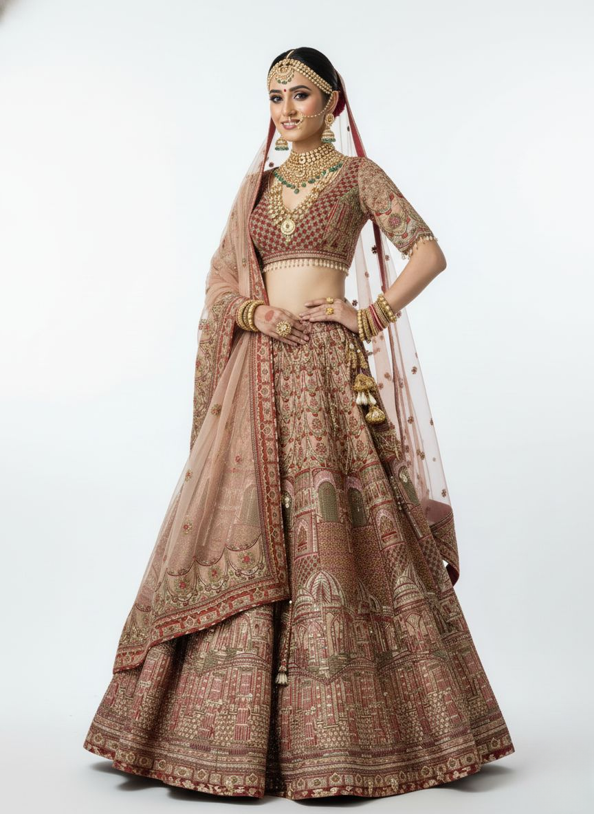 Blush Rose Heavy Bridal Lehenga with Intricate Zari & Hand-Embroidered Detailing