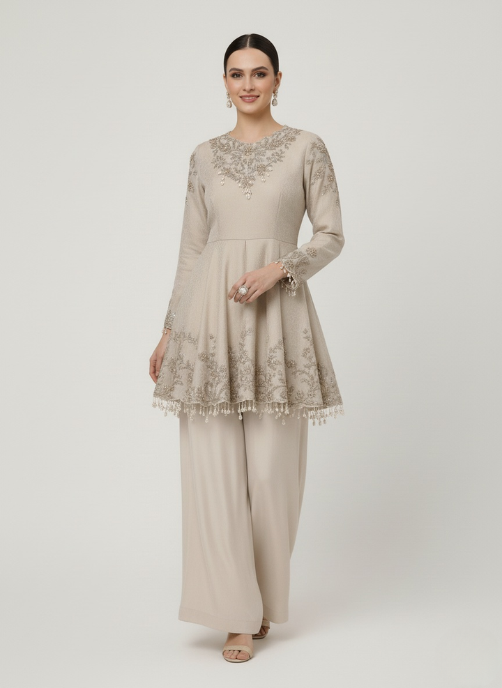 Elegant Beige Embroidered Peplum Kurti with Palazzo Set