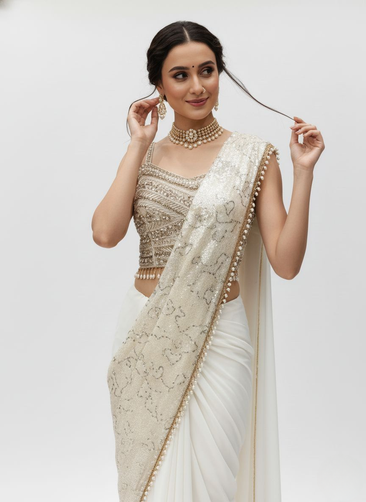 Ivory White Sequin Embellished Designer Ready to Wear Saree with Heavy Handwork Blouse