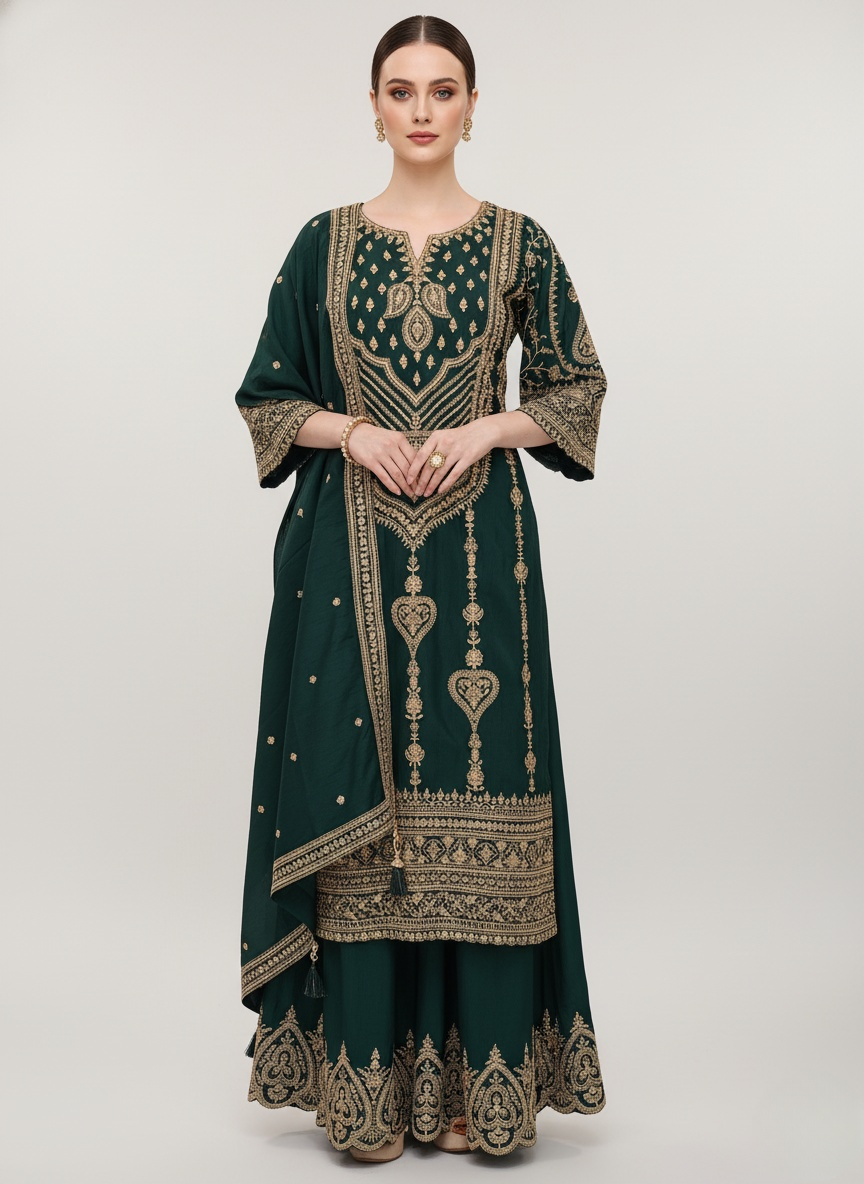 Emerald Green Heavy Embroidered Palazzo Suit with Dupatta