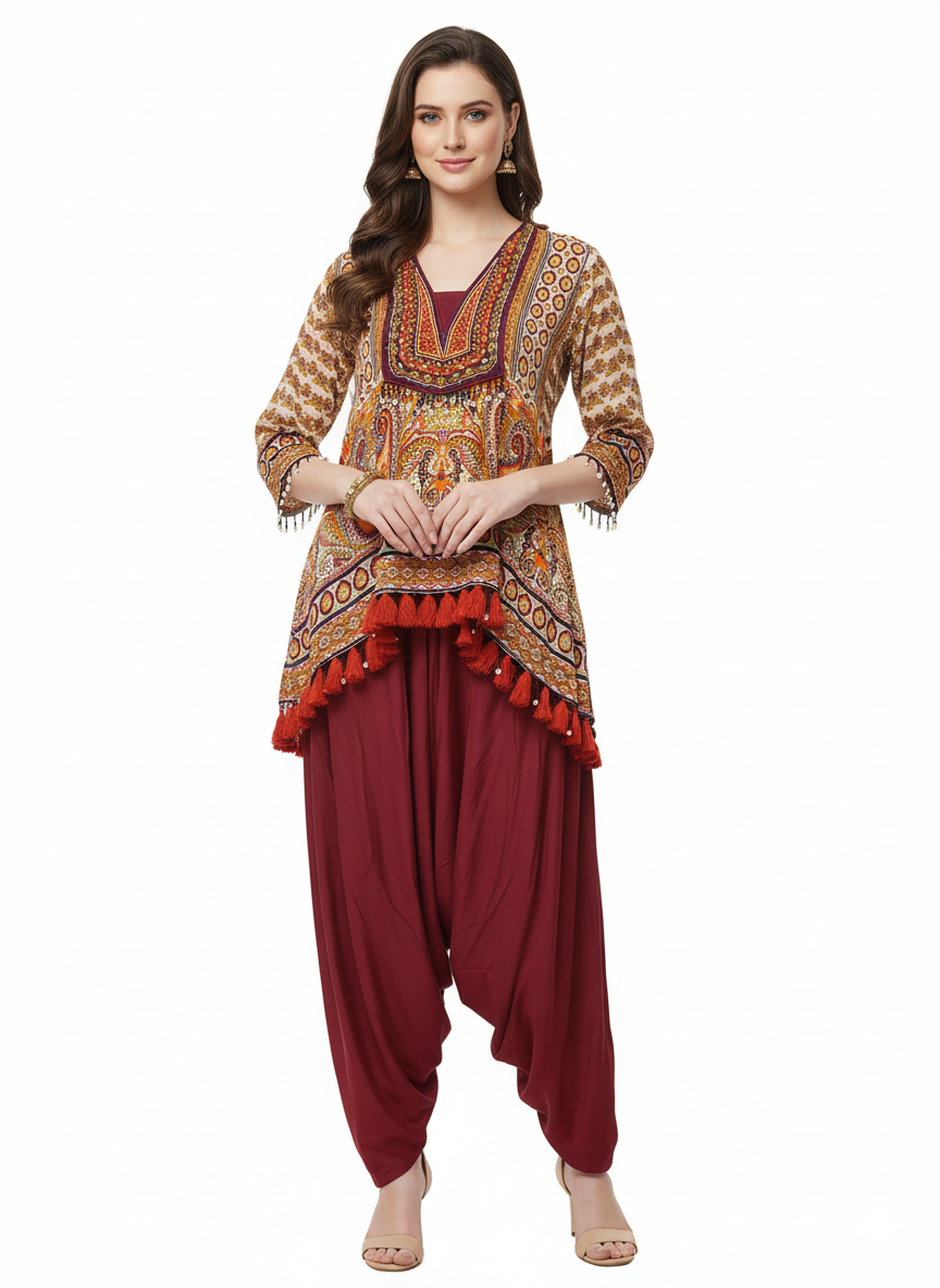 Mustard Printed Indo-Western Asymmetrical Kurta with Maroon Dhoti Pants & Tassel Detailing