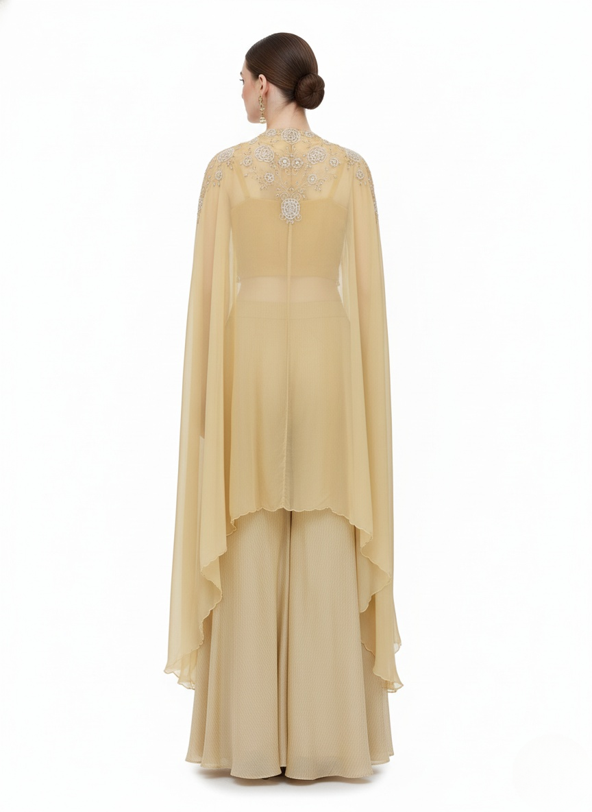 Champagne Gold Indo-Western Palazzo Set with Embroidered Cape & Crop Top