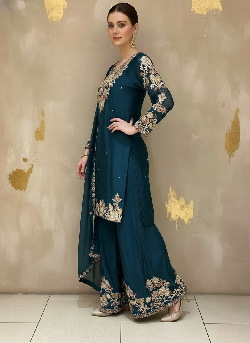 Deep Teal Embroidered Kurta Palazzo Set with Sheer Dupatta