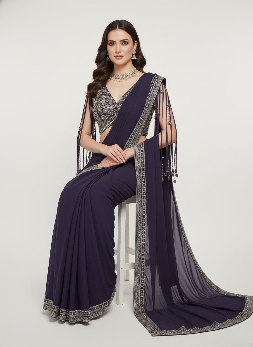 Navy Blue Ready-to-Wear Designer Embellished Saree with Fancy Blouse & Tassel Detailing