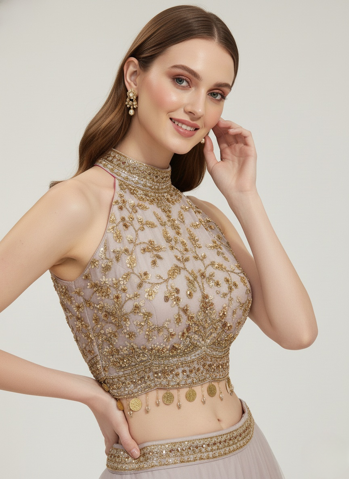 Blush Pink Crop Top Lehenga with Gold Embroidered Halter Blouse