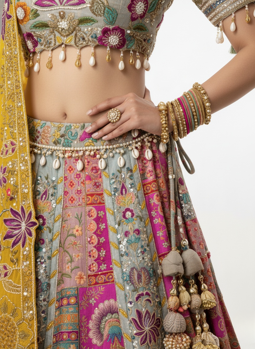 Multicolor Patchwork Embroidered Lehenga Set with Mustard Yellow Dupatta