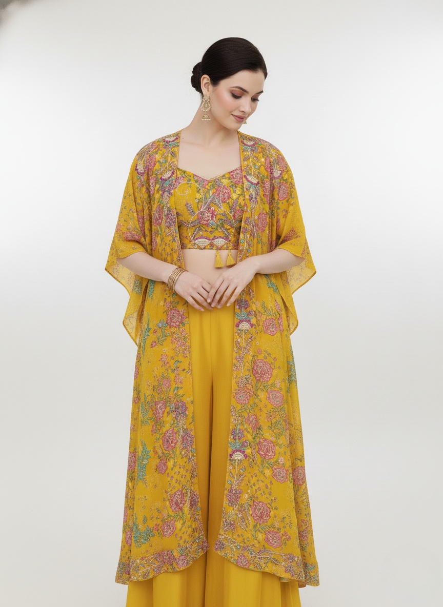 Mustard Floral Printed Crop Top, Palazzo Pants & Long Shrug Set