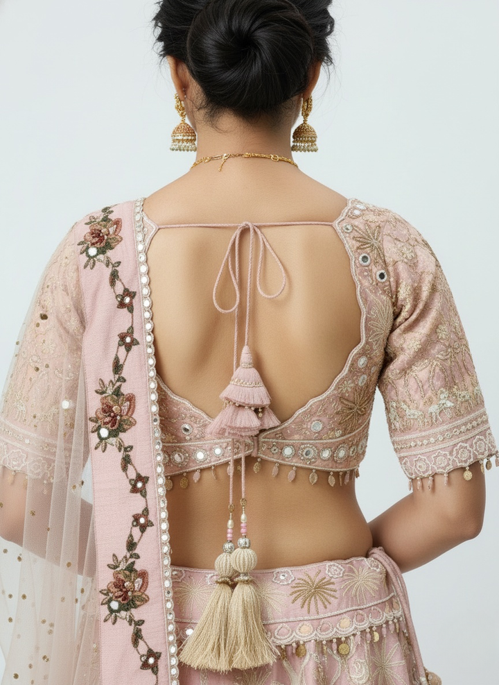 Blush Pink Hand-Embroidered Bridal Lehenga Set with Net Dupatta