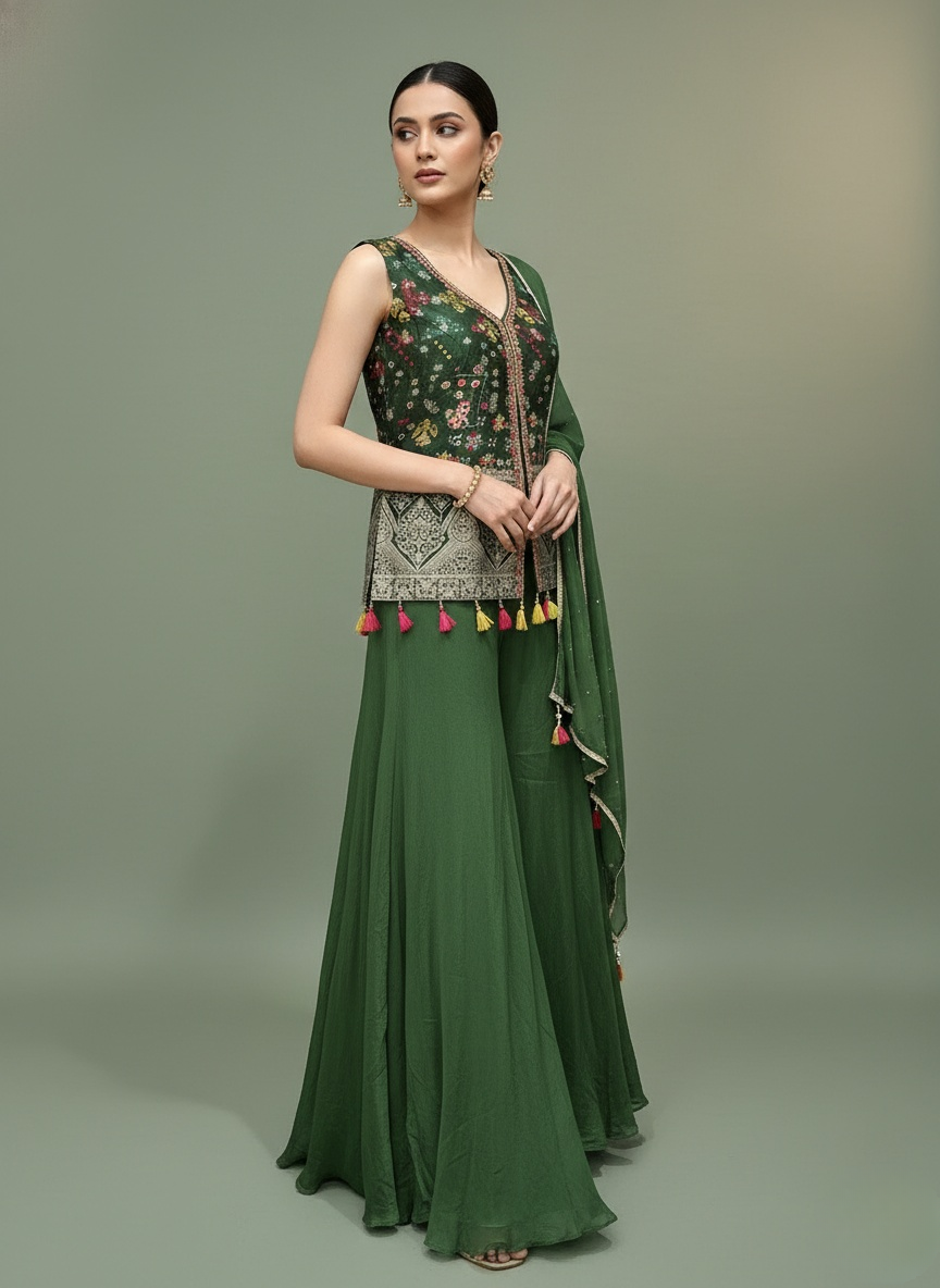 Emerald Green Embroidered Top with Flared Palazzo & Dupatta Set