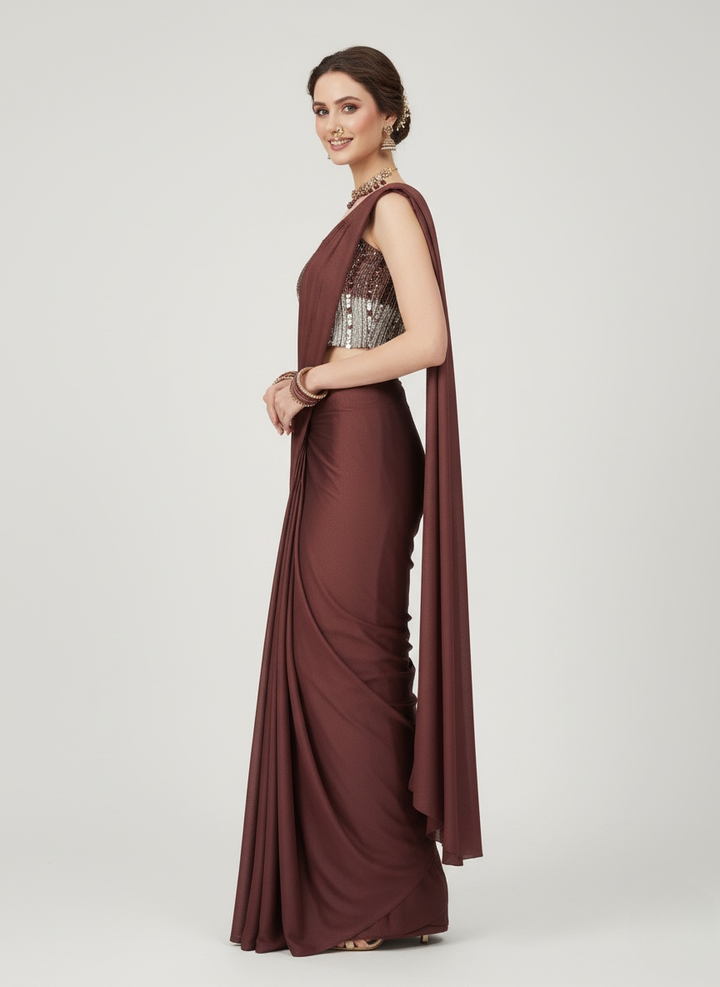 Wine Brown Pre-Draped Saree with Sequin Embellished Blouse