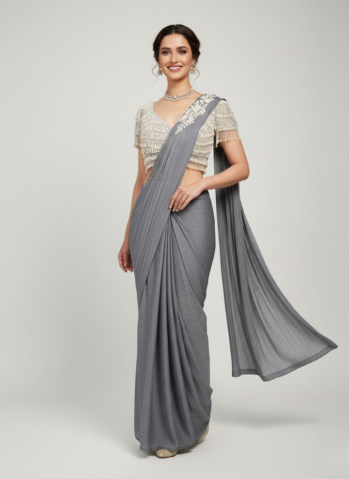 Elegant Grey Pleated Saree with Designer Pearl-Embellished Blouse