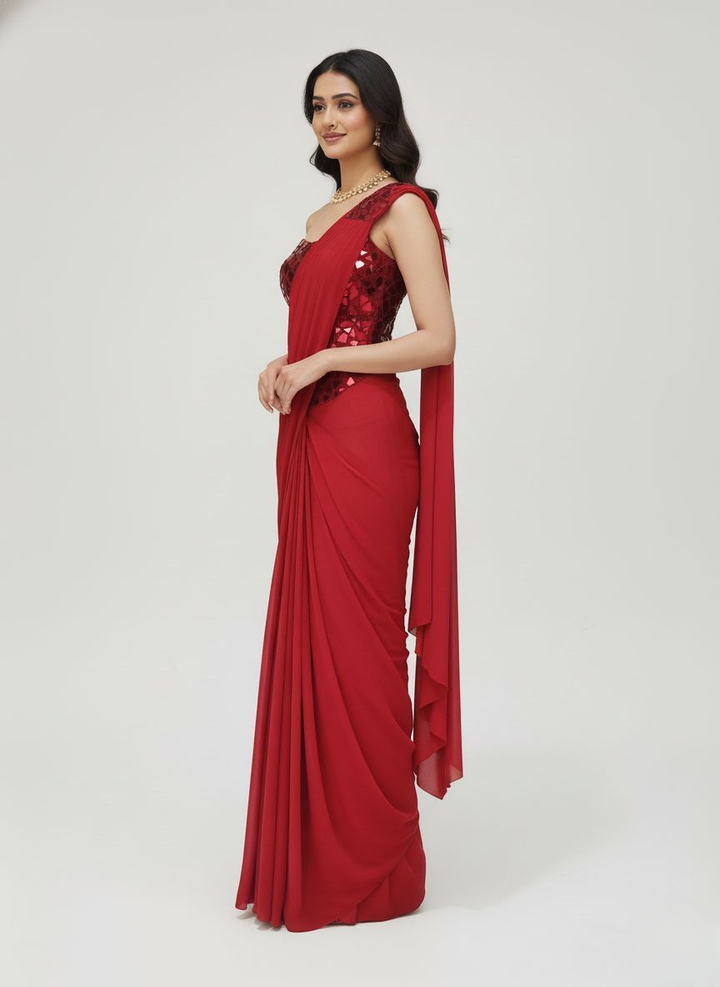 Elegant Red Ready-to-Wear Saree with Mirror-Work One-Shoulder Blouse – Party & Cocktail Wear