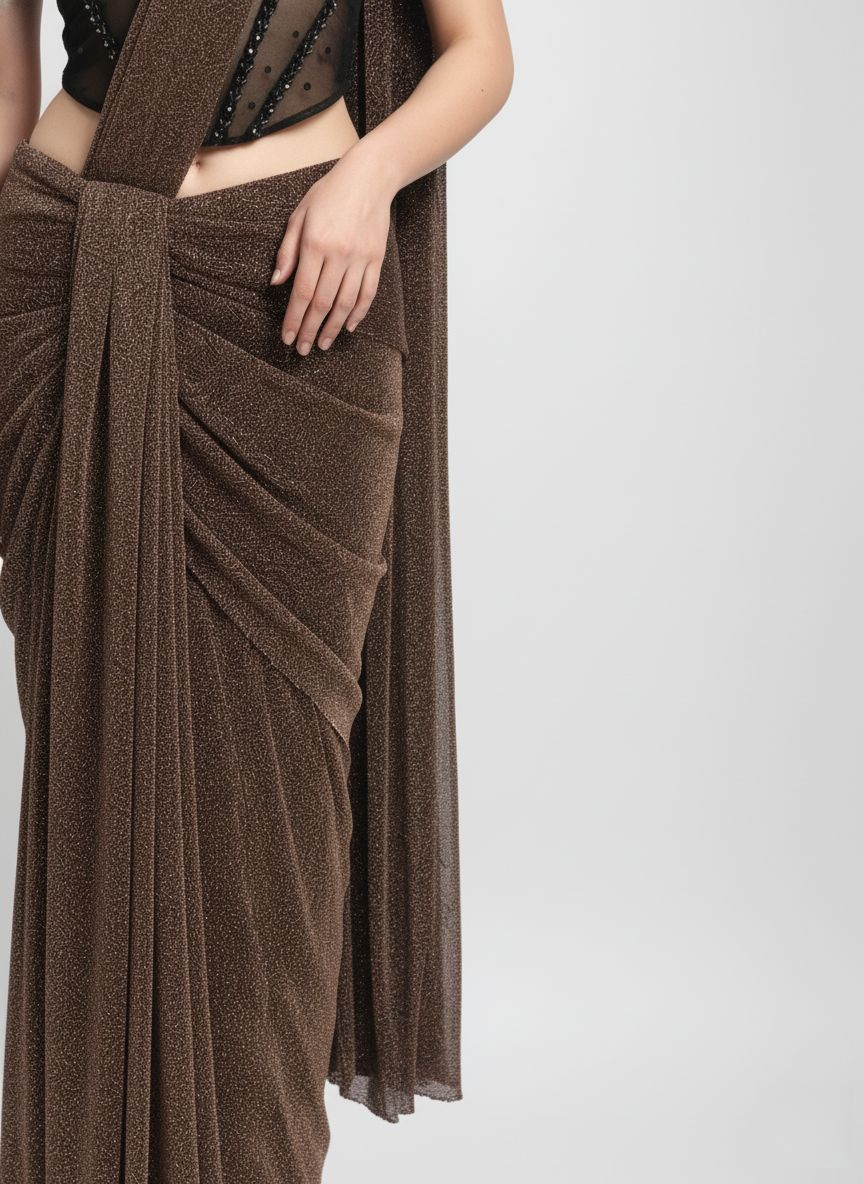 Ready to Wear Coffee Brown Shimmer Saree with Black Sequin Corset Blouse