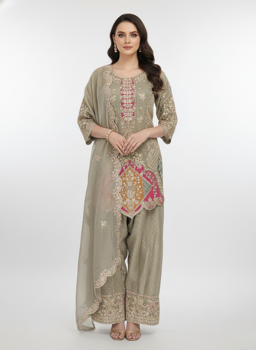 Taupe Beige Embroidered Kurta Palazzo Set with Scalloped Net Dupatta