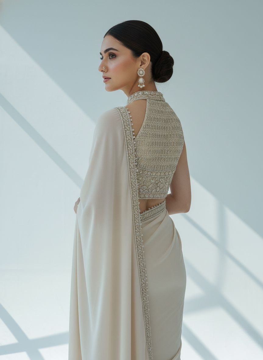 Elegant Ivory Ready-to-Wear Saree with Heavy Hand-Embellished High-Neck Blouse