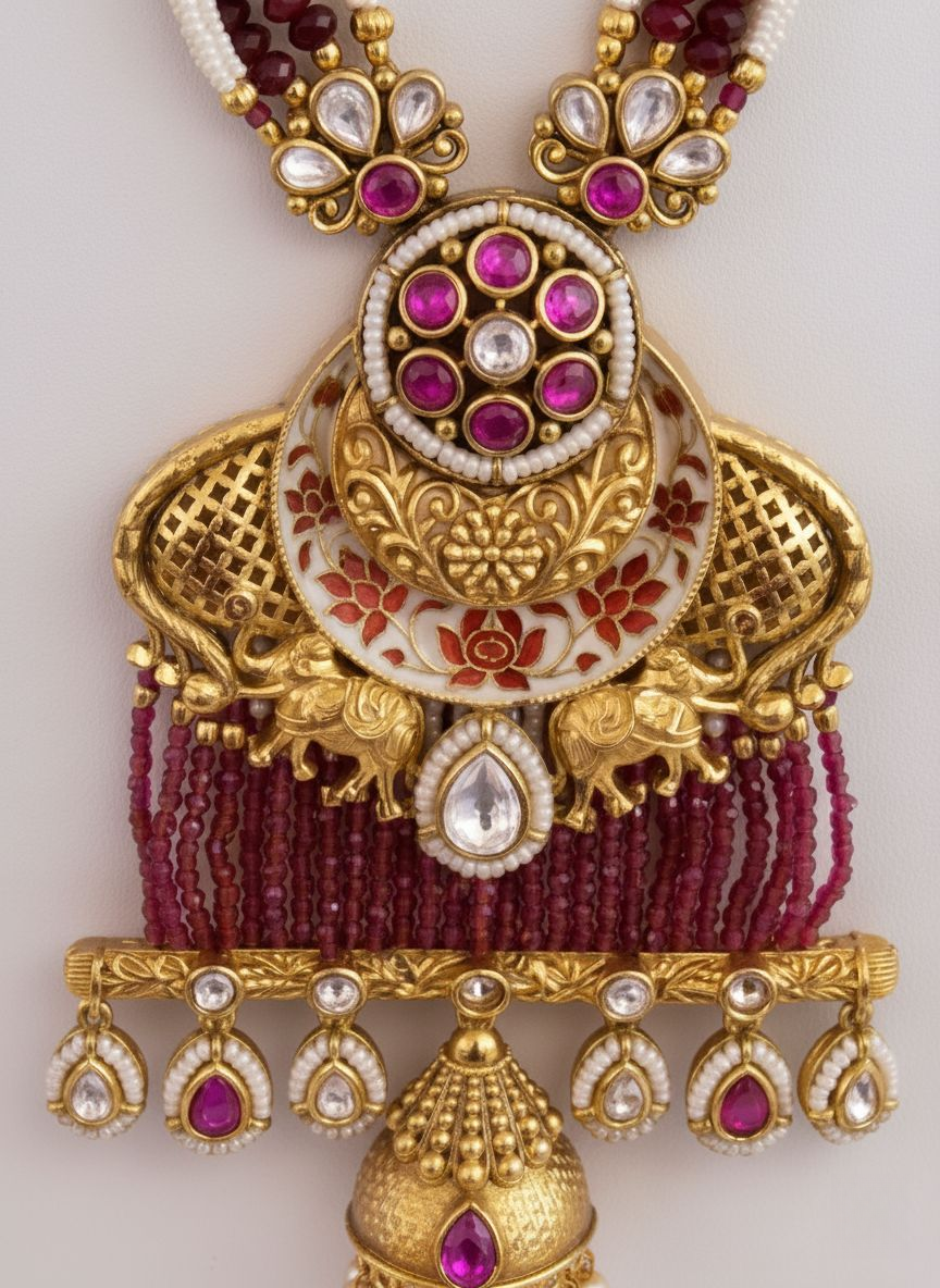 Regal Ruby Temple Necklace Set with Pearl Drops & Antique Gold Detailing