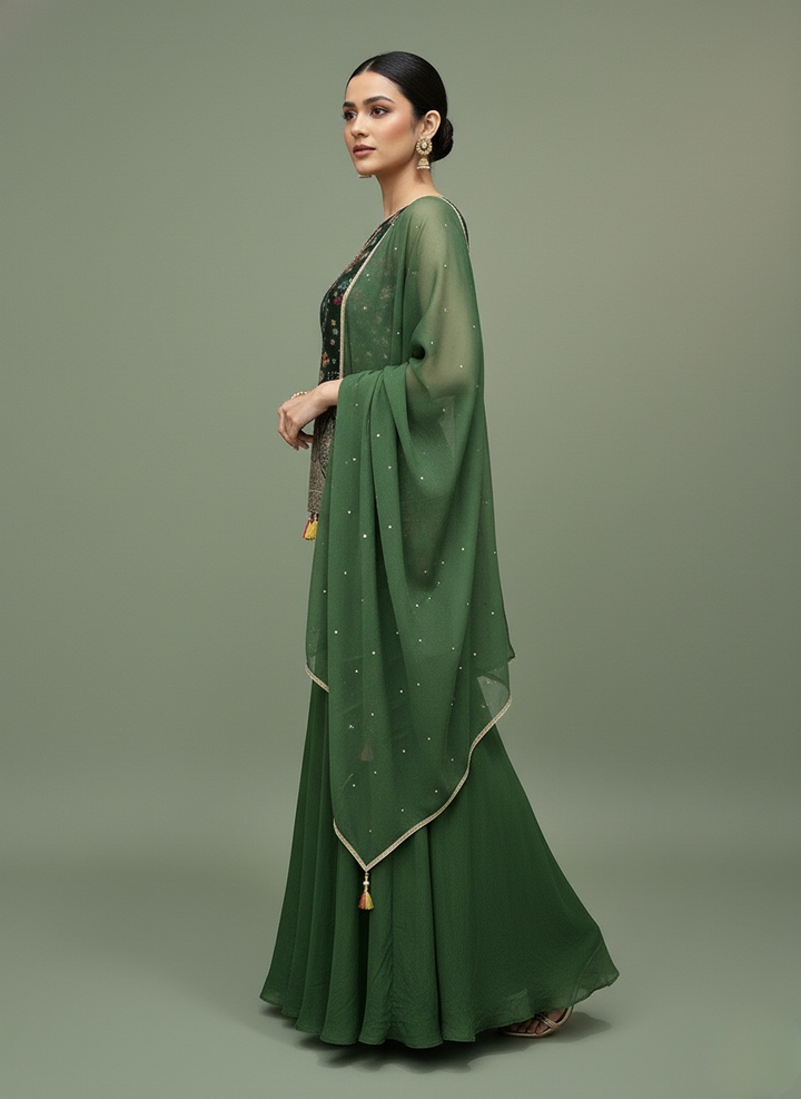 Emerald Green Embroidered Top with Flared Palazzo & Dupatta Set